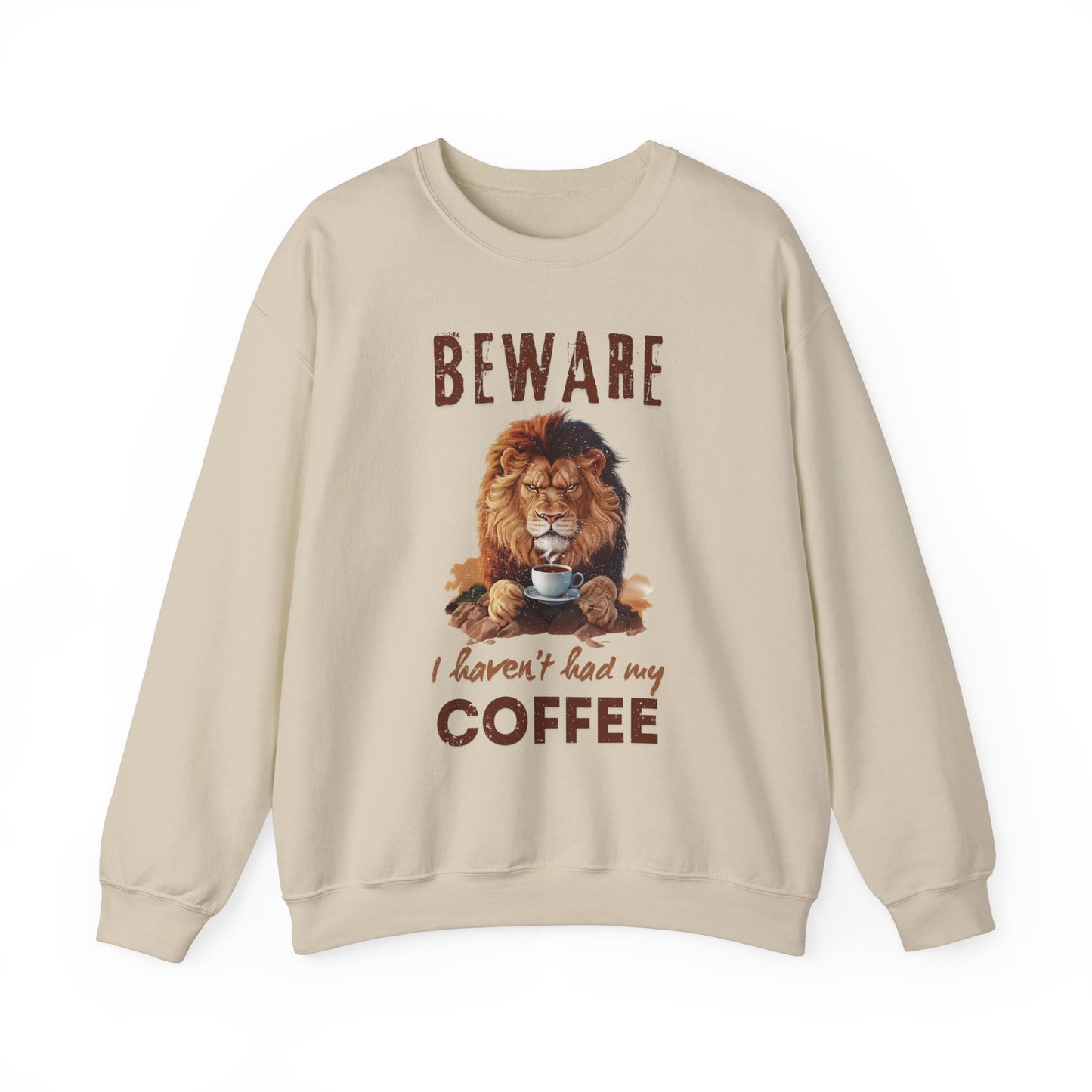 Grumpy Lion ‘Beware, I Haven’t Had My Coffee’ Unisex Crewneck Sweatshirt – Cozy & Fiercely Fun!
