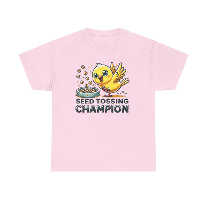 "Seed Tossing Champion" Canary Cotton Tee – Perfect for Bird Lovers!