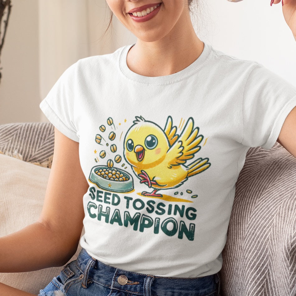 "Seed Tossing Champion" Canary Cotton Tee – Perfect for Bird Lovers!