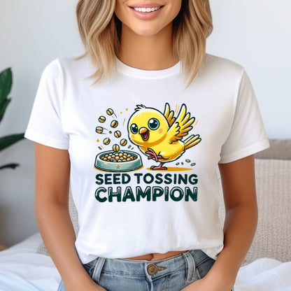 "Seed Tossing Champion" Canary Cotton Tee – Perfect for Bird Lovers!