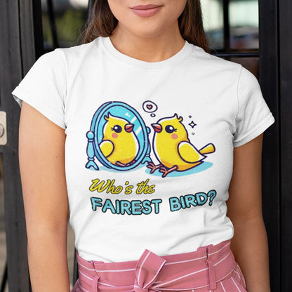 "Who’s the Fairest Bird?" Canary Mirror Cotton Tee – Fun for Bird Lovers!