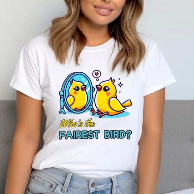 "Who’s the Fairest Bird?" Canary Mirror Cotton Tee – Fun for Bird Lovers!