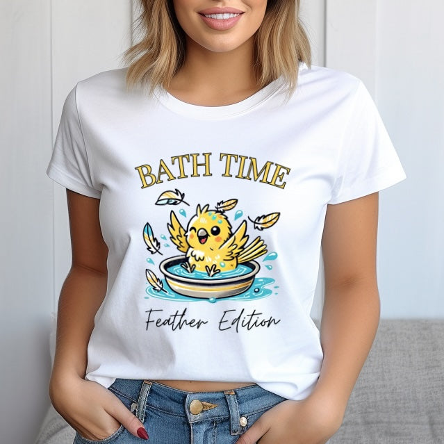 Canary Splash ‘Bath Time, Feather Edition’ Unisex Cotton Tee – Fun for Bird Lovers!