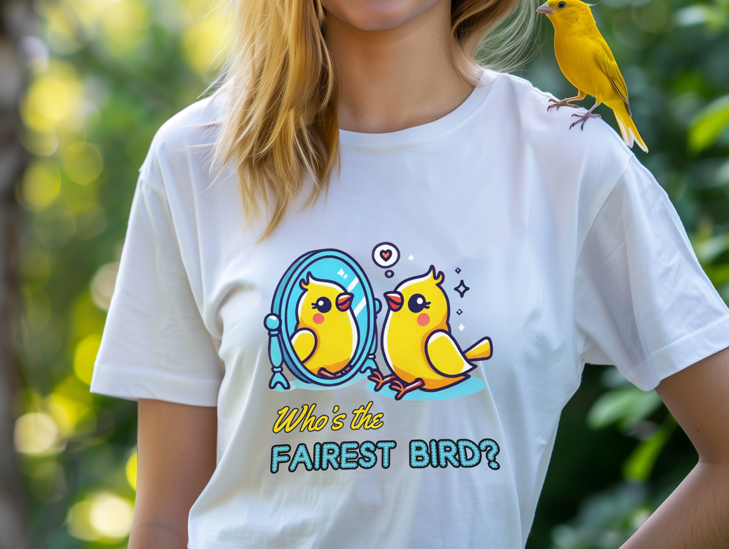 "Who’s the Fairest Bird?" Canary Mirror Cotton Tee – Fun for Bird Lovers!