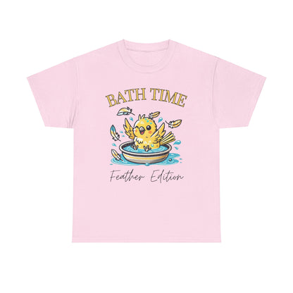 Canary Splash ‘Bath Time, Feather Edition’ Unisex Cotton Tee – Fun for Bird Lovers!