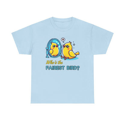 "Who’s the Fairest Bird?" Canary Mirror Cotton Tee – Fun for Bird Lovers!